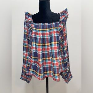 Free People Siena Plaid Pullover Top Shirt Navy